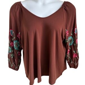Chocolate Brown Embroidered Sleeve‎ Boho Revival Folk Artisan Peasant Top XL